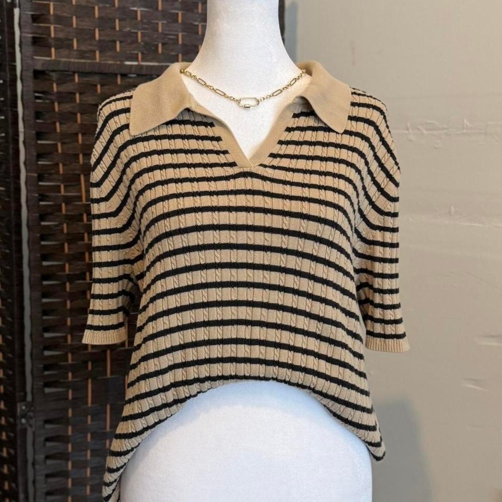 Croft & Barrow 100% Cotton Striped V-Neck Knit Top Size 1X Preppy Style